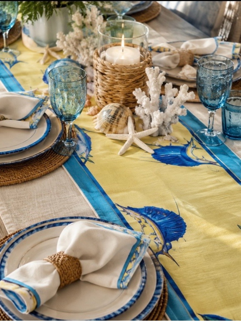 🐟 Coastal Fishing Table Runner / Scarf – Multi-Species Ocean Artwork